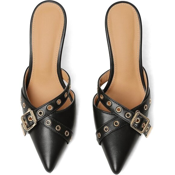 🆕Slingback Kitten Heel Women Black Polyurethane Studded Closed Pointed Toe Pump - Picture 7 of 8